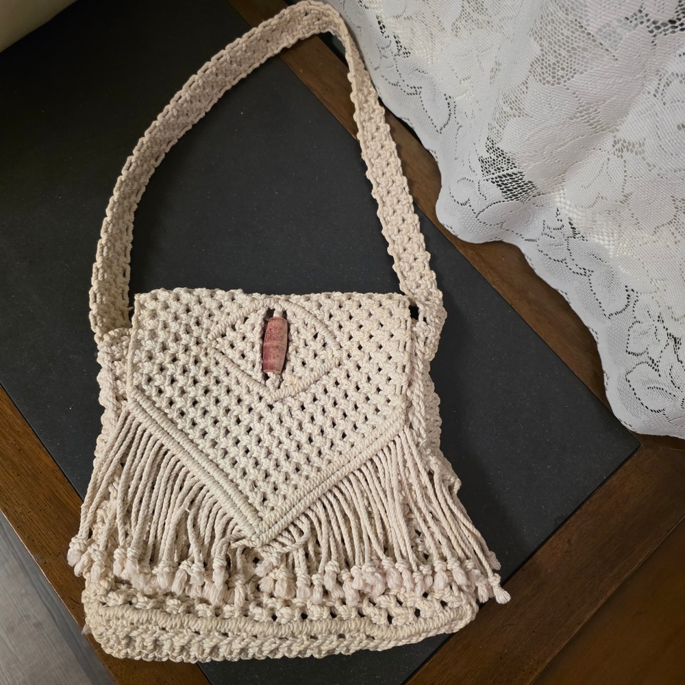 Boho Macrame Fringe Shoulder Bag Cream